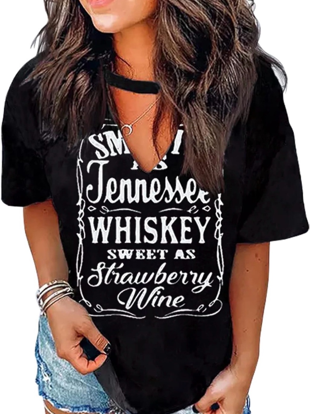 NWOT Women's Black Short-Sleeve Tennessee Whiskey Tee Choker V-Neck Small